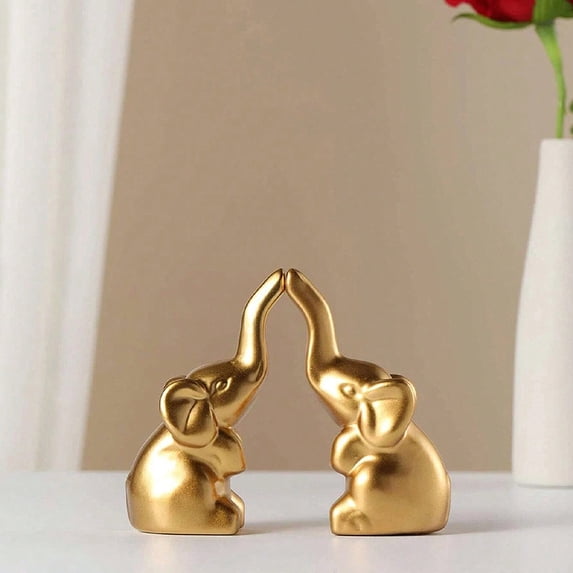 Pair of Gold Elephant Figurines for TV Stand - Decorative Resin TV Cabinet Decor, Modern Home Accents for Living Room Shelf & Mantle