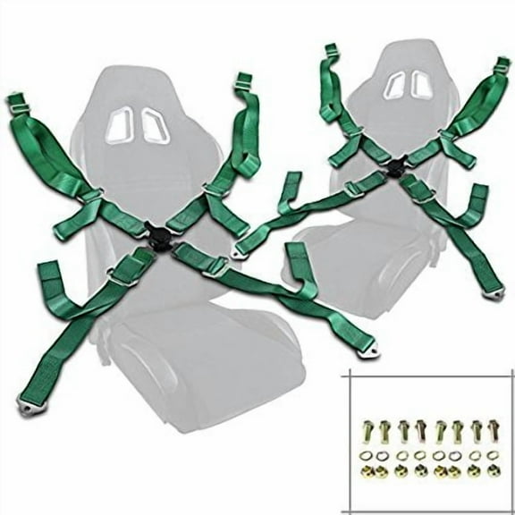 Pair of Green Seat Belt Harnesses, 2" Inches Wide, 4 Point Camlock Cam Lock
