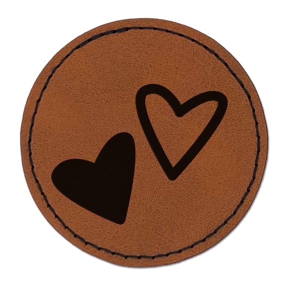 Pair of Hearts Love 2.5" Faux Leather Round Engraved Iron-On Patch - Brown