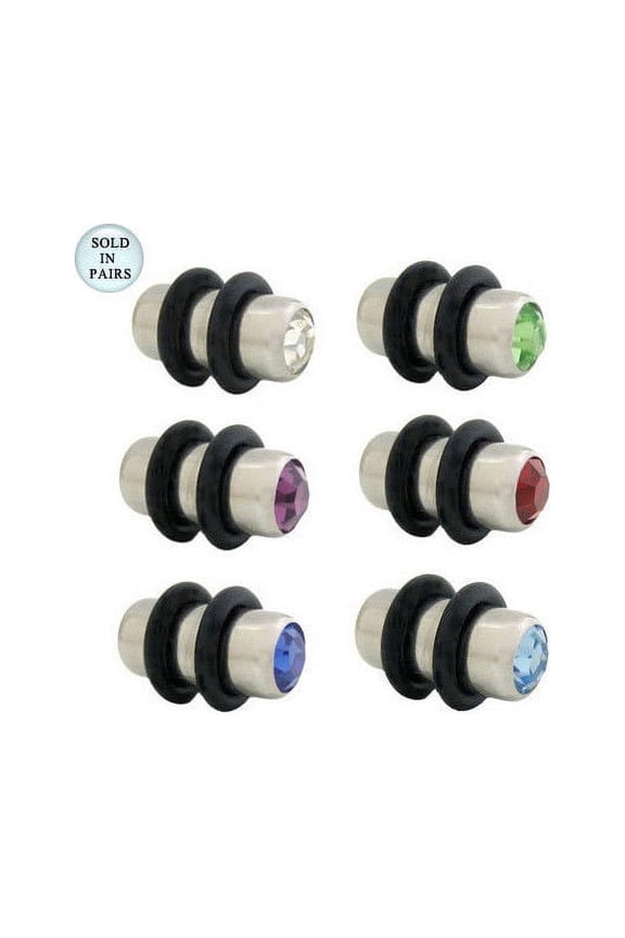 Pair of Jeweled Surgical Steel Ear Plugs 4 Gauge - 6 Colors Available