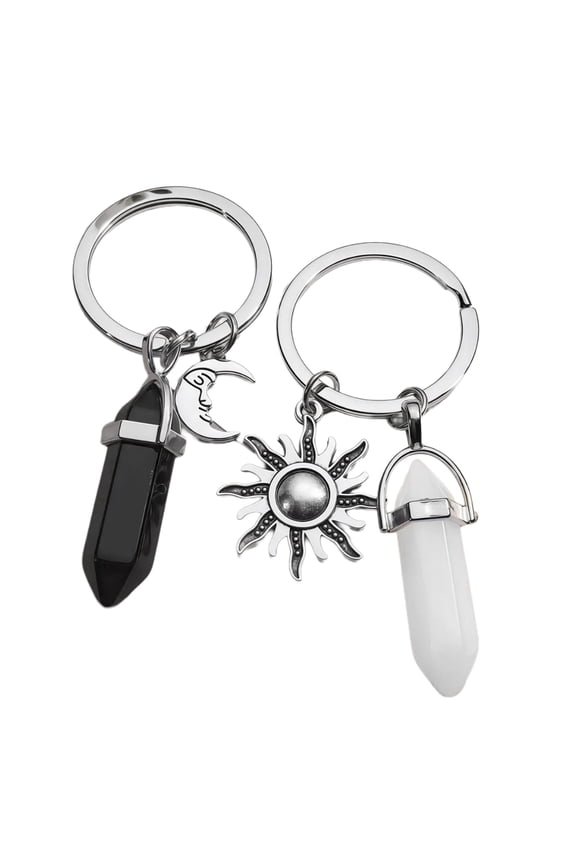 Pair of Moons and Sun Natural Stone Keychains Unique Couple Keyring Gift for Her Purse Accessories Decoration