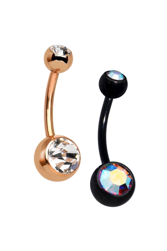 Pair of Navel Rings - Titanium Anodized Dual-CZ Belly Rings - 14ga 316L Steel