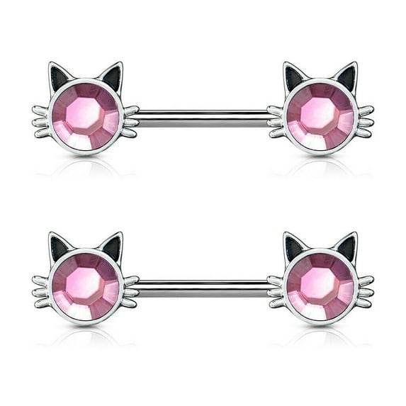 Pair of Nipple Barbell Rings Cat with Pink Stone Set Ends Design Surgical Steel