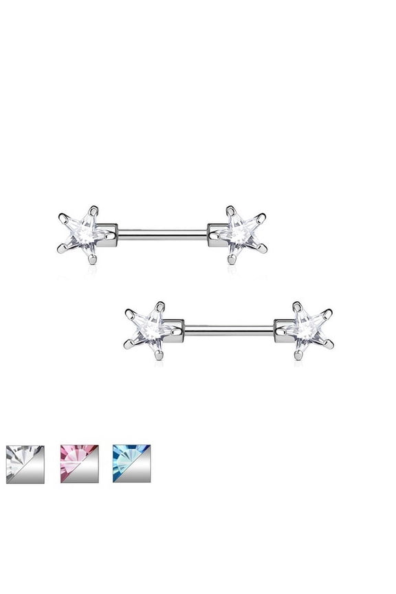 Pair of Nipple Barbells 14G Surgical Steel with Star Shaped CZ Gems