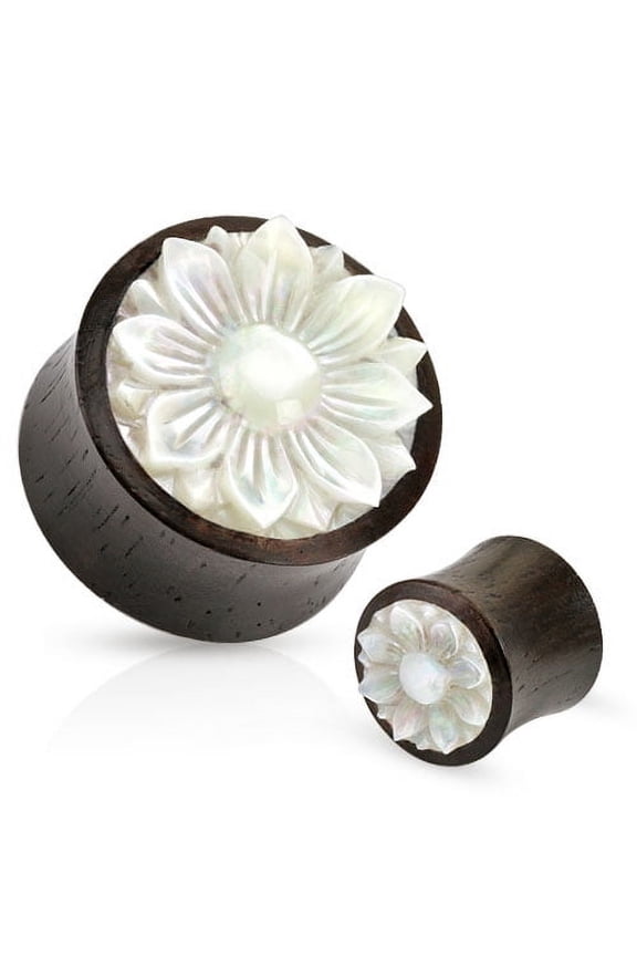 Pair of Organic Wood Plugs Ear Gauges Mother of Pearl Lotus Flower - Size=3/4