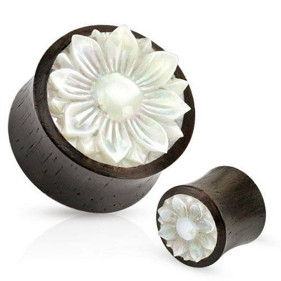 Pair of Organic Wood Plugs Ear Gauges Mother of Pearl Lotus Flower - Size=7/8
