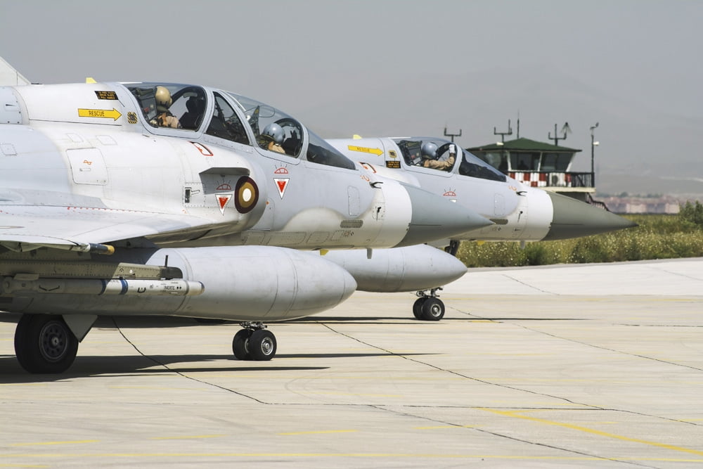 Pair of Qatar Emiri Air Force Mirage 2000-5EDA5DDA on the runway Canvas Art - Daniele FaccioliStocktrek Images (17 x 12)