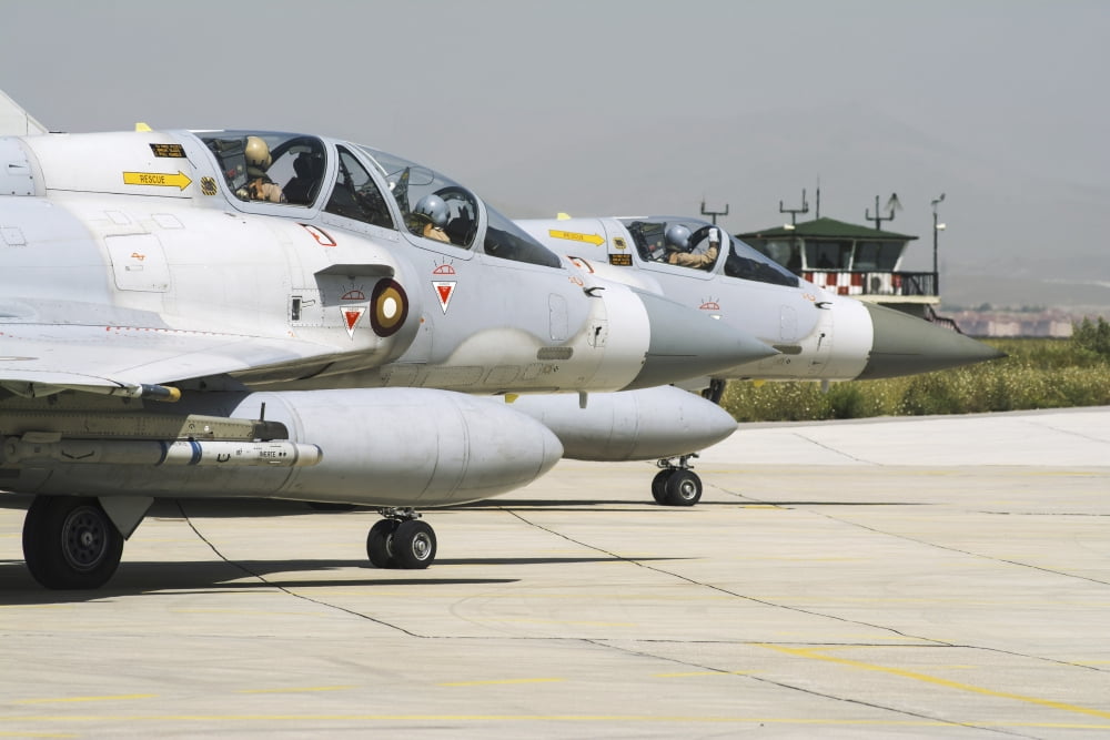 Pair of Qatar Emiri Air Force Mirage 2000-5EDA5DDA on the runway Canvas Art - Daniele FaccioliStocktrek Images (34 x 23)