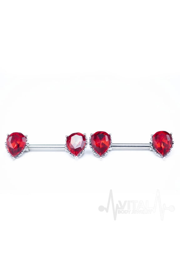 Pair of Red Nipple Bars, Aurora Borealis affect Nipple Rings, 14G, Double Front Facing Teardrop CZ Prong Set Active