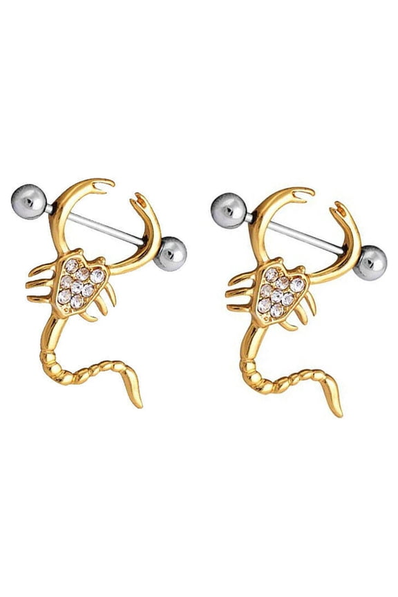 Pair of Scorpion Design CZ Nipple Shields 14ga Gold plated