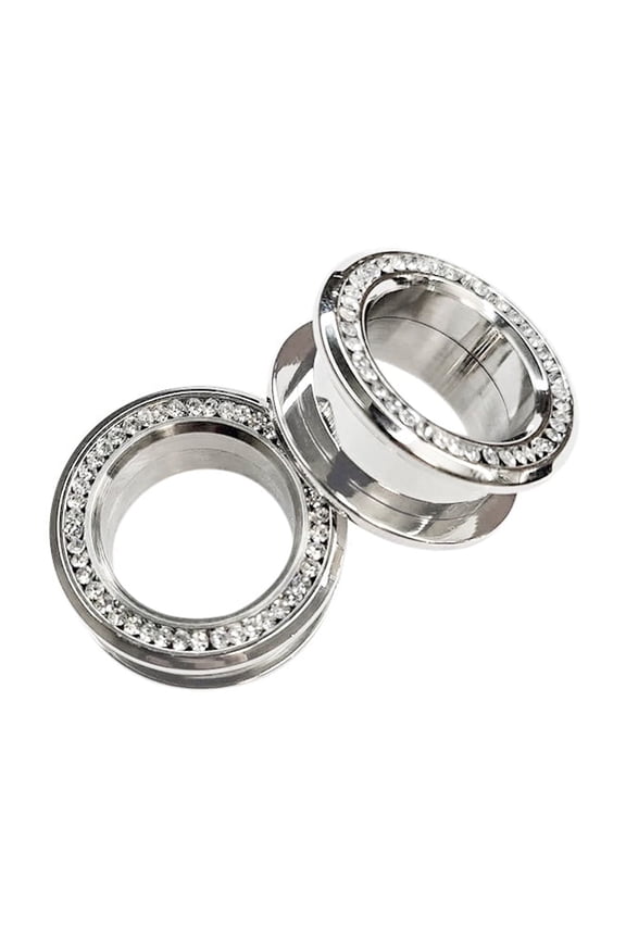 Pair of Screw Fit Ear Gauge Plugs with Clear CZ Gems Surgical Steel