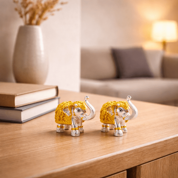 Pair of Silver & Gold Elephant Statues  Beautifully Crafted Gift Set | Symbol of Luck & Prosperity for Home & Office