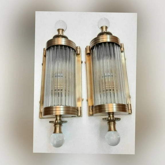Pair of Skyscraper Vintage Art Deco Wall Sconces  Brass & Glass Rod Metro Ship Lights (18")