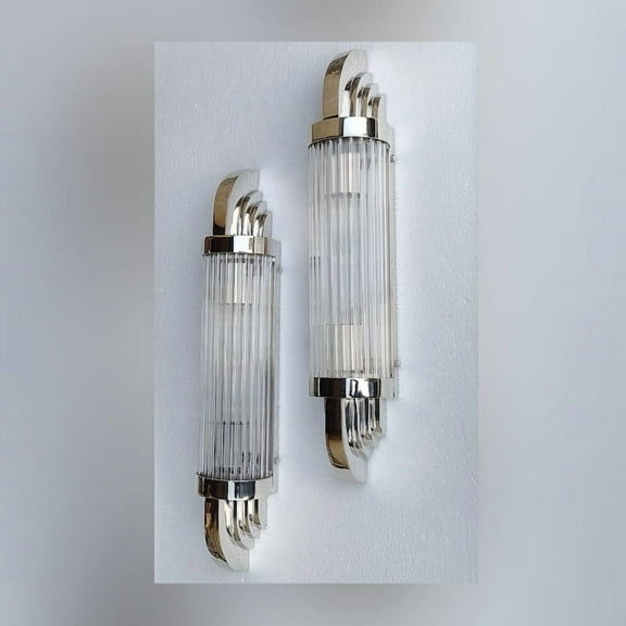 Pair of Skyscraper Vintage Art Deco Wall Sconces – Nickel Brass & Glass Rod Ship Lights