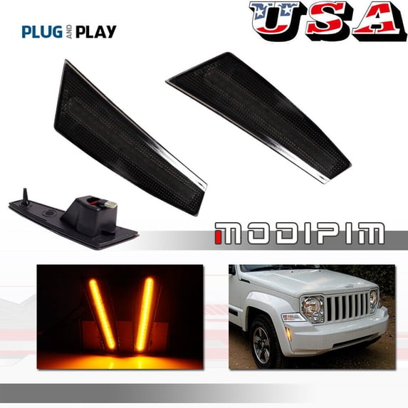 Pair of Smoked Lens Amber LED Front Bumper Side Marker Lights for 08-12 for Jeep Liberty -