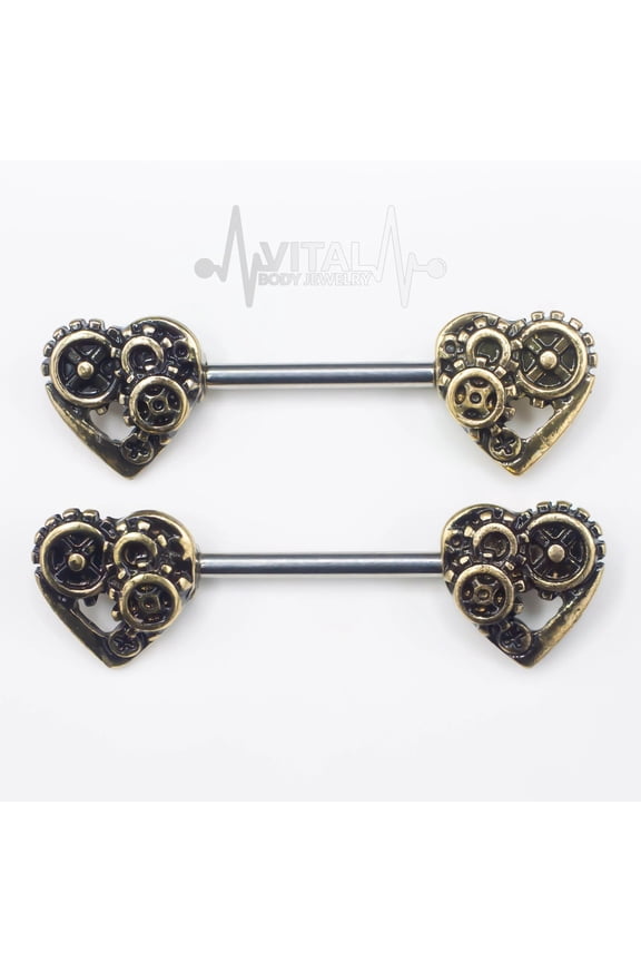 Pair of SteamPunk Heart Nipple Bars Rings - 316L Surgical Steel Barbell - Antique Gold and silver color