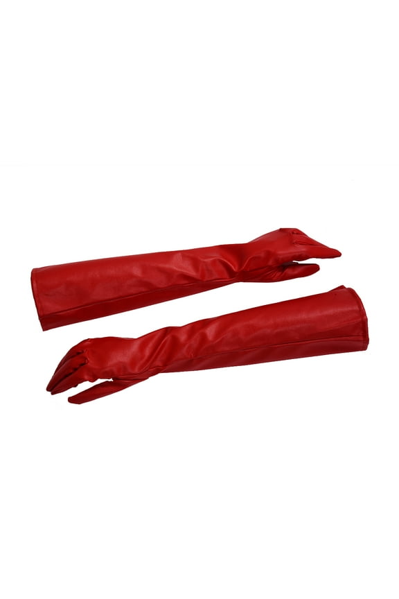 Pair of Stylish Red Solid Color PU Leather Long Gloves For Women