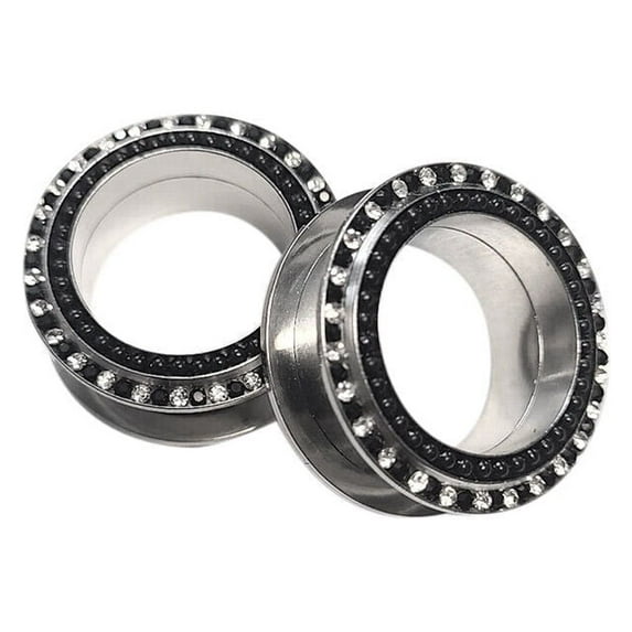 Pair of Surgical Steel Screw Fit Ear Plug with Black & Clear CZ Gems
