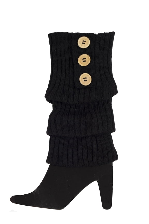 Pair of Three Button Layered Trimmed Ribber Leg Warmers, Black