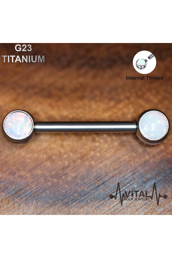 Pair of Titanium Nipple Barbells, 5mm Opal Ends, 14G, Internally Threaded Vital Body Jewelry