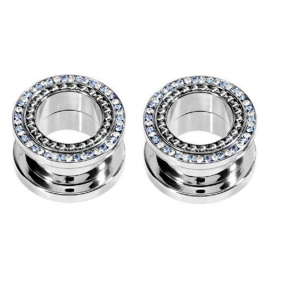 Pair of Tunnels Screw Fit Surgical Steel with 2 Color Cubic Zirconia Jewels