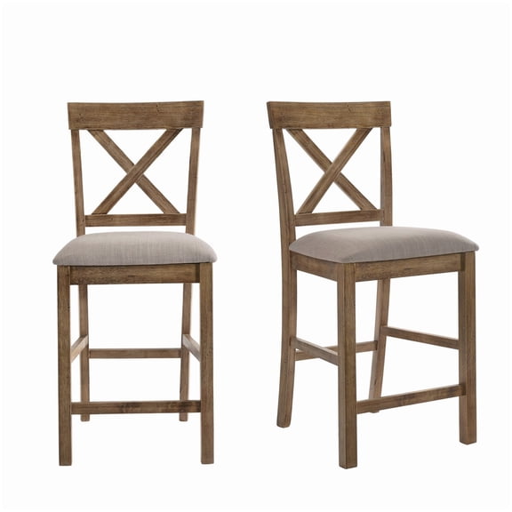 Pair of Upholstered Counter Stools with X-Back, Oak Finish Wood Frame and Tan Fabric Seat Cushion