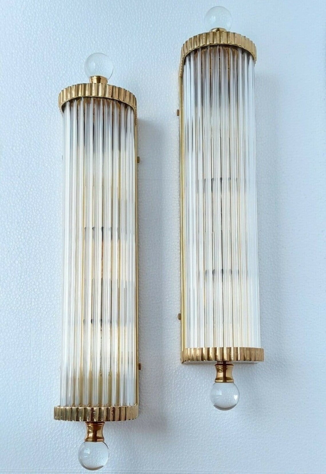 Pair of Vintage Art Deco Brass & Glass Rod Ship Light Fixture Wall Sconces