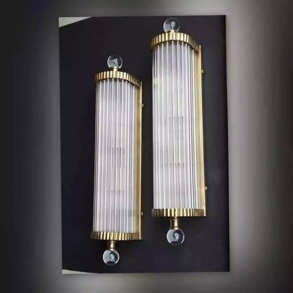 Pair of Vintage Art Deco Skyscraper Wall Sconces  Brass & Glass Rod Ship Lights