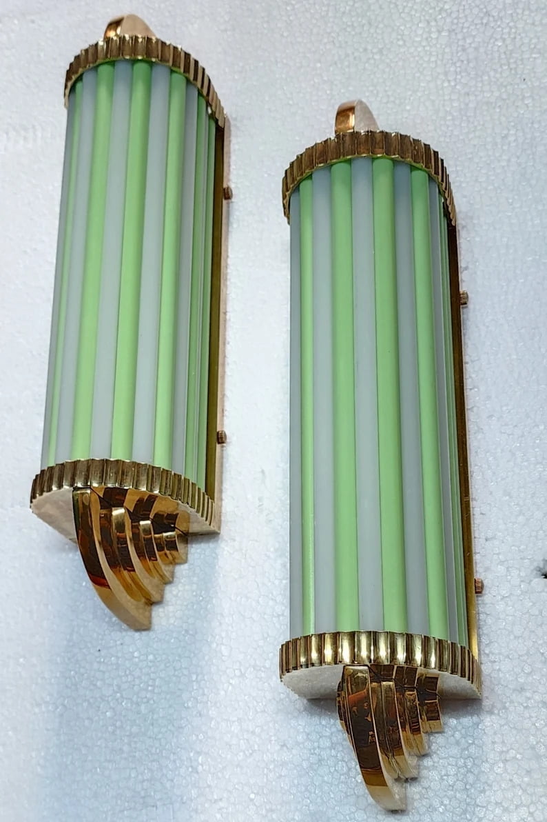Pair of Vintage Art Deco Skyscraper Wall Sconces – Brass & Opaline Green Milk Glass Rod Lights