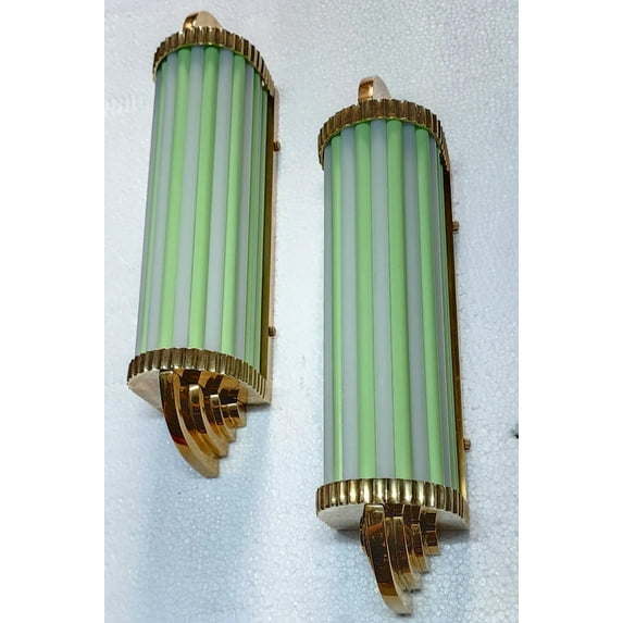 Pair of Vintage Art Deco Skyscraper Wall Sconces – Brass & Opaline Green Milk Glass Rod Lights