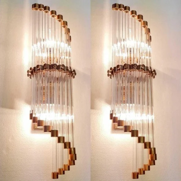 Pair of Vintage Art Deco Skyscraper Wall Sconces – Copper & Glass Rod Ship Lights