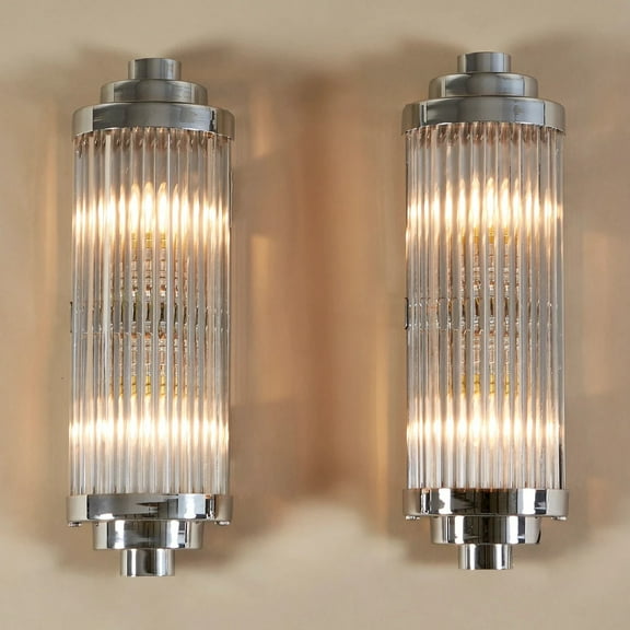 Pair of  Vintage Art Deco Wall Sconces  Nickel Brass & Glass Rod Ship Lights