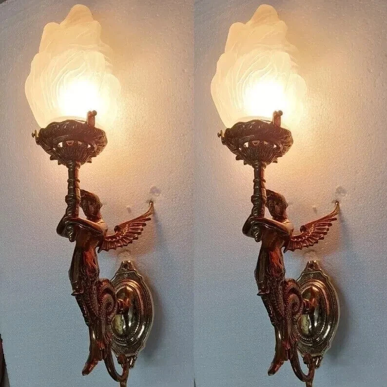 Pair of Vintage Art Nouveau Mermaid Wall Sconces – Antique Brass & Glass Light Fixtures
