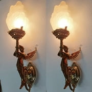 Pair of Vintage Art Nouveau Mermaid Wall Sconces – Antique Brass & Glass Light Fixtures