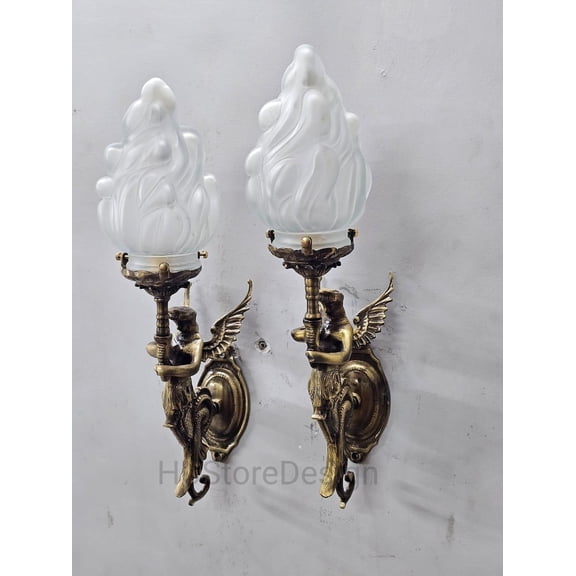 Pair of Vintage Brass Mermaid Wall Sconce  Dual Arm Frosted Flame Glass Light, Victorian Vintage Wall Lamp