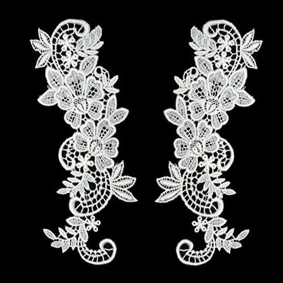 Pair of White or Ivory Floral Venice Lace Applique Embroidered Bridal Guipure Patch Motif (2 pieces) (Ivory)