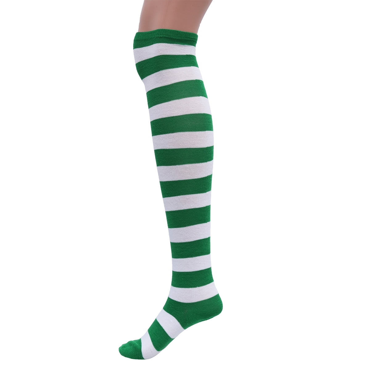 Pair of Women's Green and White Wide Striped Thigh High Over the Knee