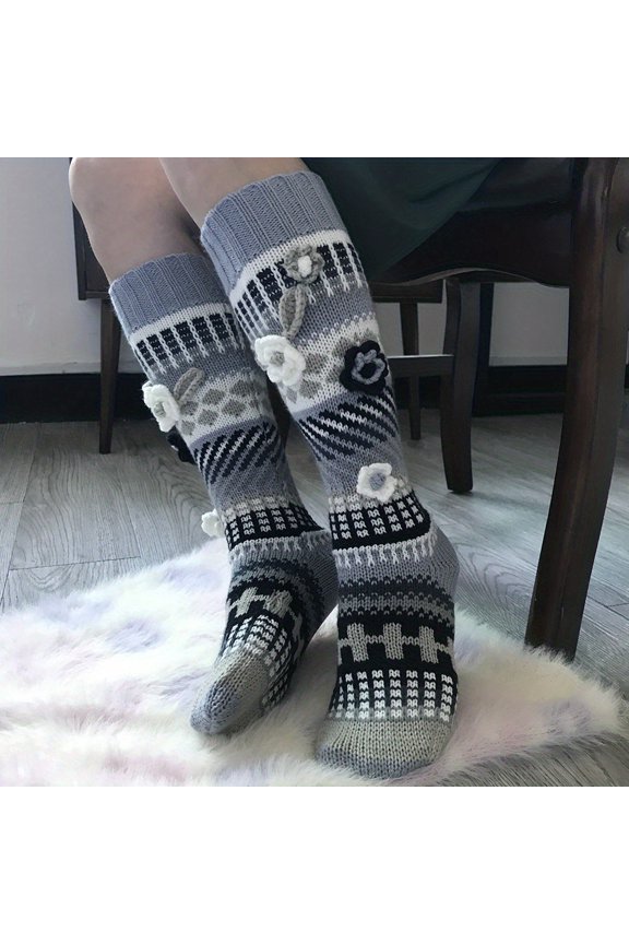 Pair of Women's Handmade Crochet Floor Socks, Mid-Calf Colorful Socks