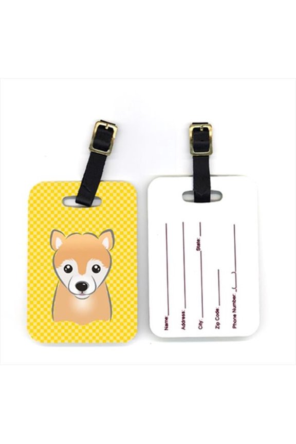 Pair of Yellow Checkered Shiba Inu Luggage Tags - Yellow - 2.75 x 0.15 x 4 in.