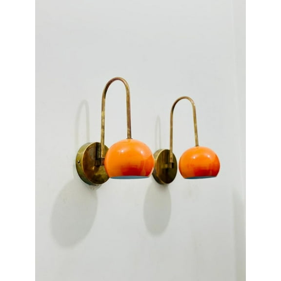 Pair of mid-century wall lamps Hand Made Wall Sconce Inspired Raw Brass Wall Light Solid Brass Orange Ball Wall Scones Wall Home Decor Lamp