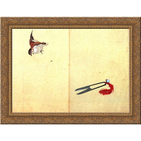 Pair of sissors and sparrow 24x18 Gold Ornate Wood Framed Canvas Art by Katsushika Hokusai