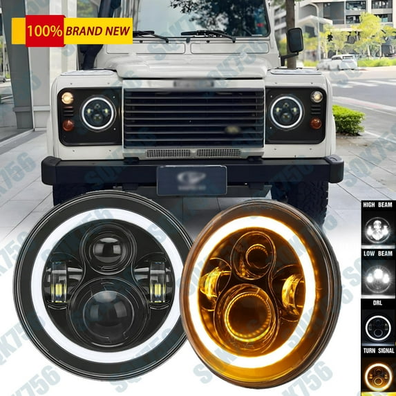 Pair white Halo 7inch LED Headlights Hi/Lo Beam For Range Rover Defender 90 110