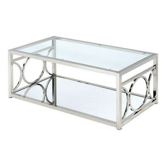Paire 47 Inch Coffee Table Glass Top Mirrored Bottom Shelf Metal Accents - Saltoro Sherpi