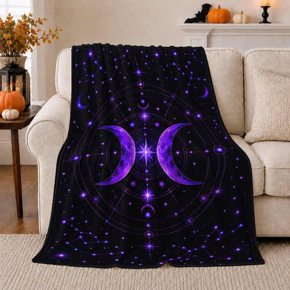 Paired Crescent Moons Starburst Constellations and Planet Ring Art, Cozy Flannel Blanket, Home Decor for Women, Bedroom and Lounge, Halloween Gift, Purple Celestial Pattern
