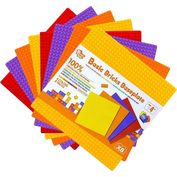 Pairez Toys Building Bricks Baseplates 8 Pack, Orange/Red/Yellow/Purple, 10x10' (25.5x25.5cm)