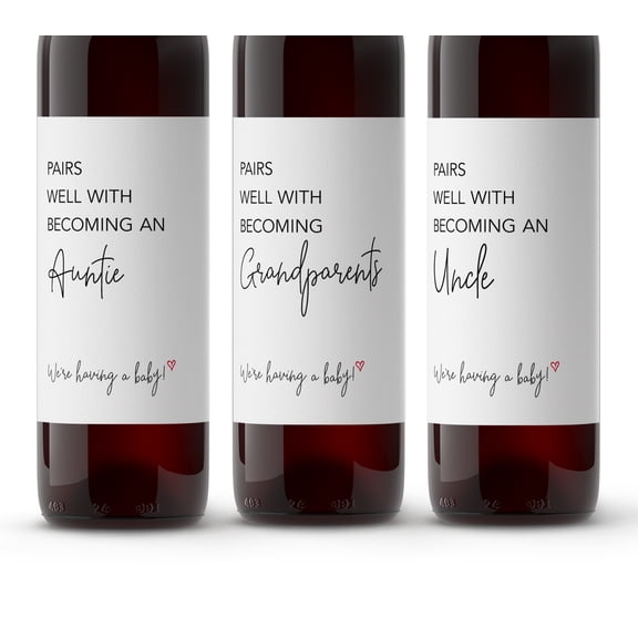Pairs Well With Becoming Grandparents Auntie Uncle SET of 6 GENDER NEUTRAL Pregnancy Announcement Family Friends Wine Labels Baby Announcement Label, Reveal, Alternative to Card Onesie A200-6FY