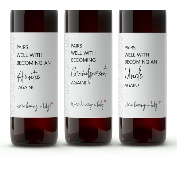Pairs Well With Becoming Grandparents Auntie Uncle AGAIN SET of 6 GENDER NEUTRAL Pregnancy Announcement Family Friends Wine Labels Baby Announcement Label, Reveal, Alternative to Card A204-6FYA