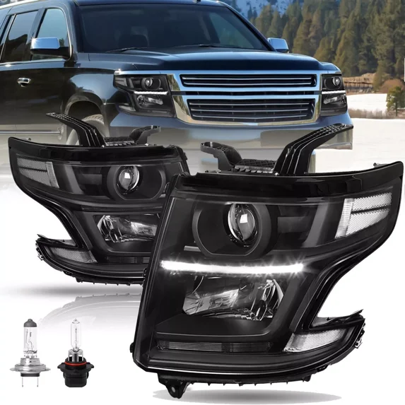 Pairs of 2015-2020 Chevy Tahoe Suburban LED DRL Projector Black Headlights Sets