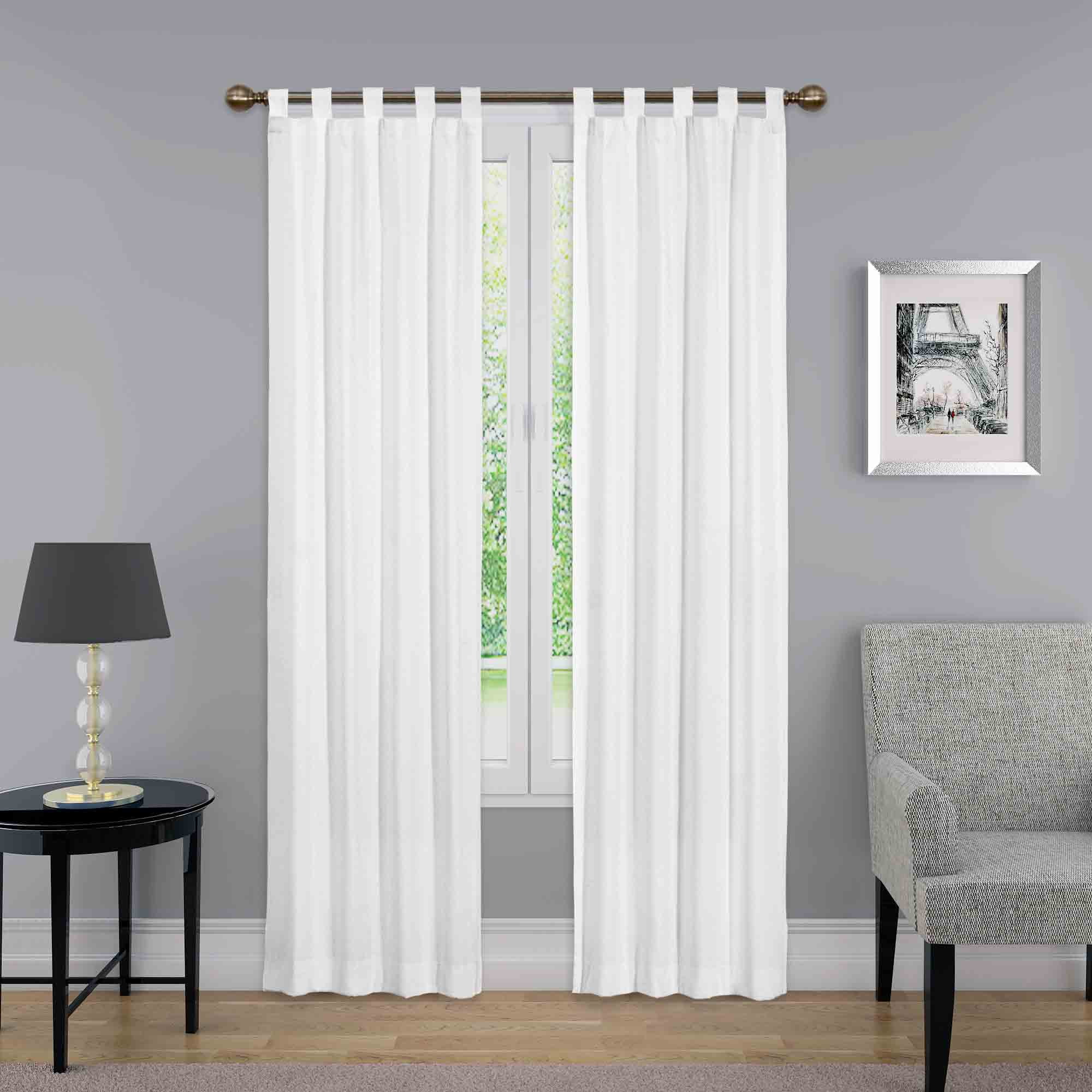 White Cotton Polyester Tab Top Light-Filtering Curtains, 2 Panels