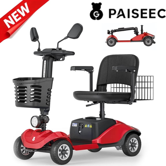 Paiseec Mobility Scooters for Seniors & Adults, 4 Wheel Foldable Mobility Scooter, All Terrain, LED Headlight & Dual Baskets for Outdoor, 350 lb Capacity (Red)